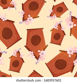 Birdhouse decorated with flowers seamless pattern. Vector background design for greeting and advertising products.