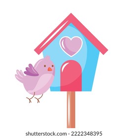 Birdhouse Decorated With Heart And Violet Bird . Vector Illustration