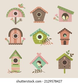 Birdhouse. Decorative colored wooden homes for flying birds garden vintage castles on tree recent vector illustrations