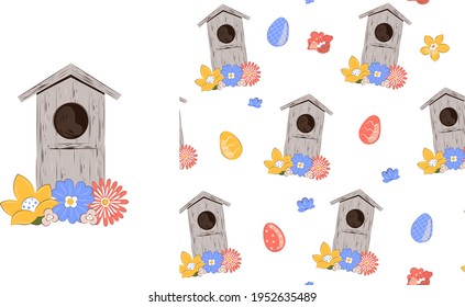 Birdhouse with Easter eggs in vintage style. Set of vector seamless patterns and illustrations. Holiday wrapping paper. Vector illustration