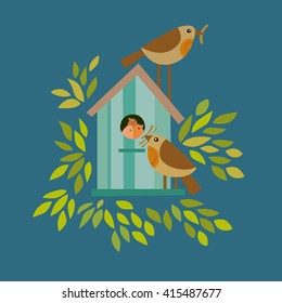 Birdhouse. Family birds. Vector illustration for design