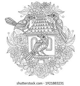 Birdhouse in flower garden.
Zentangle stylized cartoon isolated on white background. 
Hand drawn sketch illustration for adult coloring book. 
