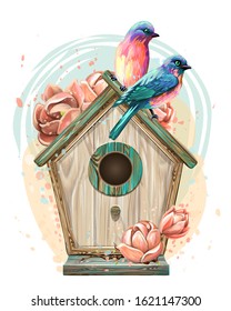 Birdhouse with flowers and birds. Wall sticker. Artistic, color, hand-drawn image of a birdhouse with birds and flowers in watercolor style on a white background.