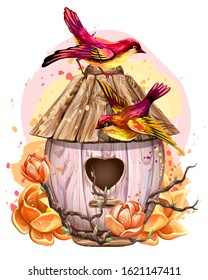 Birdhouse with flowers and birds. Wall sticker. Artistic, color, hand-drawn image of a birdhouse with birds and flowers in watercolor style on a white background.
