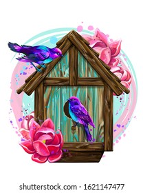 Birdhouse with flowers and birds. Wall sticker. Artistic, color, hand-drawn image of a birdhouse with birds and flowers in watercolor style on a white background.