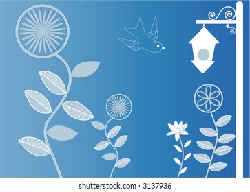 birdhouse with funky flowers  and bird vector