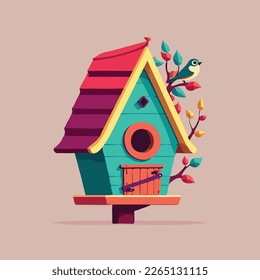 Birdhouse in a garden with colorful leaves and bird