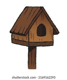 Birdhouse hand drawn isolated. Vector illustration of a wooden birdhouse for the garden.