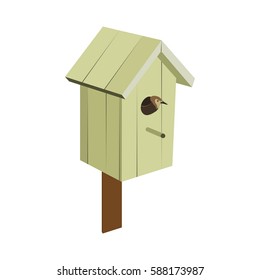 Birdhouse handmade from wood, yellow color with a bird. Vector.