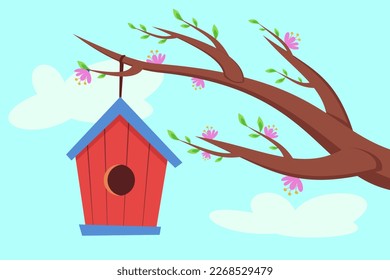 Aves de corral colgando de la rama de la ilustración del vector del árbol. Dibujo de caricatura de rama con flores o flores y casa de madera para pájaros silvestres, cielo azul con nubes. Primavera, estaciones, concepto de vida salvaje