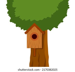 Birdhouse hanging on tree. House for birds. Spring nest of forest animal.