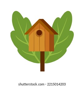 Birdhouse hanging on tree. House for birds. Spring nest of forest animal.