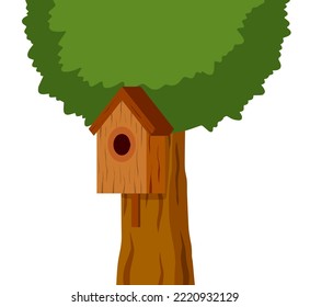 Birdhouse hanging on tree. House for birds. Spring nest of forest animal.
