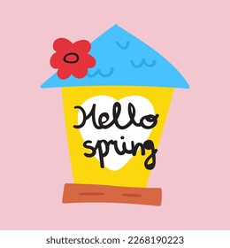 Birdhouse. Hello spring. Vector hand drawn illustration on pink background.