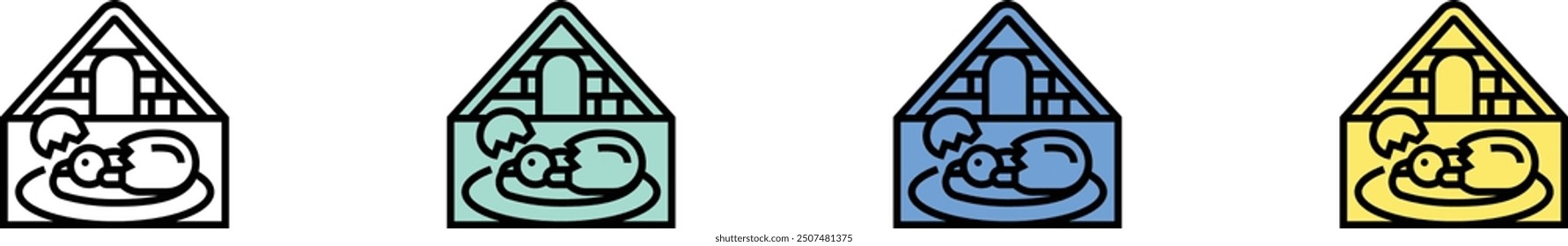 Icono de pajarera. Esquema, diseño de estilo verde, azul y amarillo aislado sobre fondo blanco