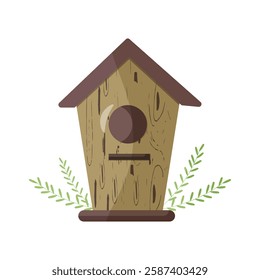 Birdhouse with leaves, branches on isolated background. Spring season. Template for greeting card or invitation. Vector.
