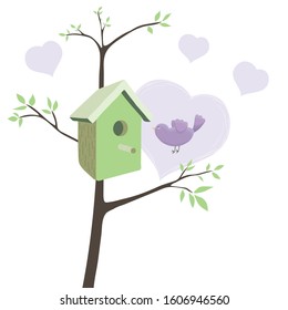 Birdhouse with lilac bird and hearts on white background. Cartoon style. Bird illustration. Cute bird vector design. Spring design. Valentines day design. Prints, greeting cards, textile art works.