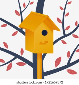 Birdhouse on a background of wood with leaves. Vector illustration.