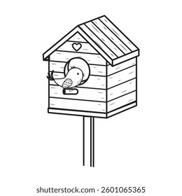Birdhouse on a branch with a doodle bird, outline, coloring