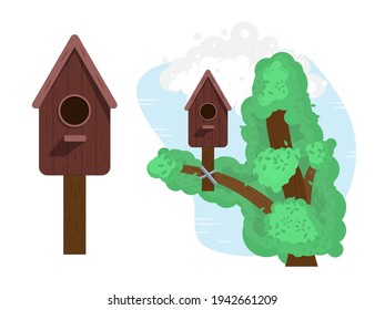 Birdhouse on a tree in cartoon style. Home or nest for birds arriving in the spring. Vector illustration in flat style