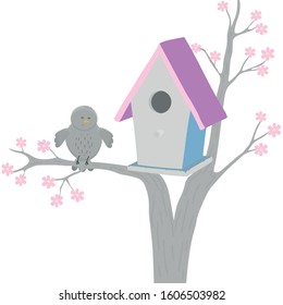 Birdhouse on tree with flowers and sleeping bird on white background. Cartoon style. Bird illustration. Cute bird vector design. Spring design. T-shirt graphic. Prints, greeting cards.