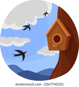 Birdhouse on a tree, illustration, vector on a white background.