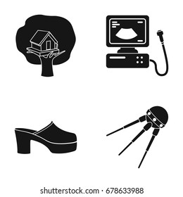 A birdhouse on a tree, an ultrasound machine and other web icon in black style.shoes, an artificial Earth satellite icons in set collection.