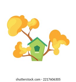A birdhouse on a tree. Vector cartoon illustration. The concept of nature conservation