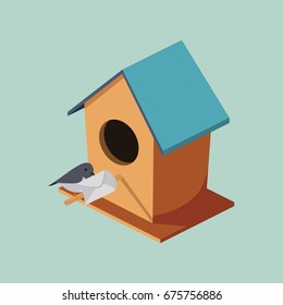 Birdhouse with post bird isometric style colorful vector illustration