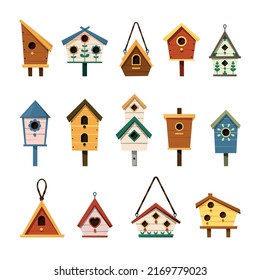 birdhouse. roofing wooden house for birds flying chirps sparrows. Vector flat illustrations