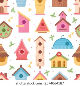 Birdhouse seamless pattern. Decorative cartoon bird house feeders for wild animals. Spring autumn winter garden elements. Print design, neoteric vector background