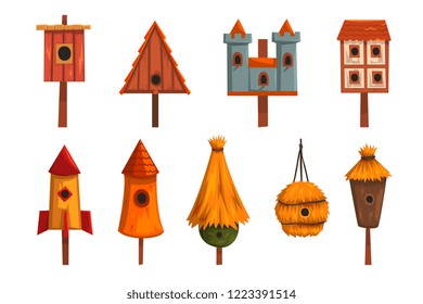 Birdhouse set, bird houses, nesting boxes cartoon vector Illustrations