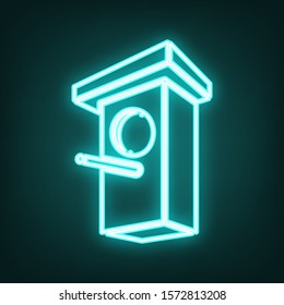 Birdhouse sign illustration. Cyan neon icon in the dark. Bluring. Luminescence. Illustration.