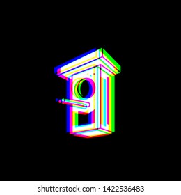 Birdhouse sign illustration. Red, green and blue unfocused contour icon at black background. Illustration.