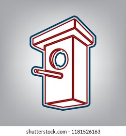 Birdhouse sign illustration. Vector. Dark red, transparent and midnight green stroke of white icon at grayish background.