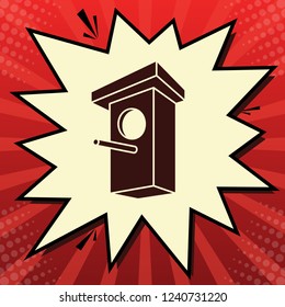 Birdhouse sign illustration. Vector. Dark red icon in lemon chiffon shutter bubble at red popart background with rays.