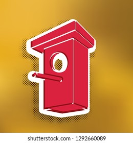 Birdhouse sign illustration. Vector. Magenta icon with darker shadow, white sticker and black popart shadow on golden background.