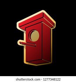 Birdhouse sign illustration. Vector. Red icon with small black and limitless shadows at golden sticker on black background.