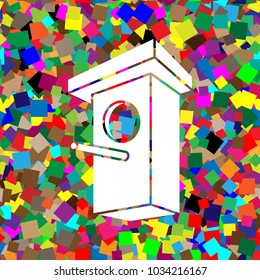 Birdhouse sign illustration. Vector. White icon on colorful background with seamless pattern from squares.
