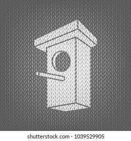 Birdhouse sign illustration. Vector. White knitted icon on gray knitted background. Isolated.