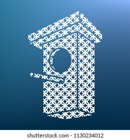 Birdhouse sign illustration. Vector. White textured icon at lapis lazuli gradient background.