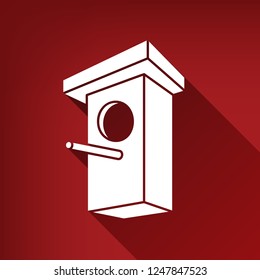 Birdhouse sign illustration. Vector. White icon with limitless shadow at ruby red background.