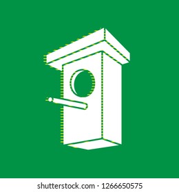 Birdhouse sign illustration. Vector. White flat icon with yellow striped shadow at green background.