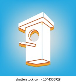 Birdhouse sign illustration. Vector. White icon with 3d warm-colored gradient body at sky blue background.