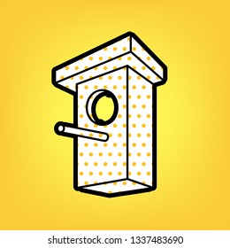 Birdhouse sign illustration. Vector. Yellow polka dot white icon with black contour at warm yellow background.
