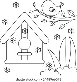 Birdhouse Spring Cartoon Character Isolated Vector Illustration Coloring Page Hand Drawn for Kids