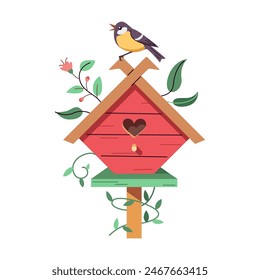 Birdhouse with titmouse and vine plant 2D cartoon object. Cute home for birds on pole flat line vector elements white background