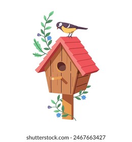 Birdhouse with titmouse and vine plant 2D cartoon object. Cute home for birds on pole flat line vector elements white background