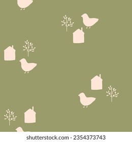Bird,house and tree seamless vintage pattern,hand drawn scandinavian garden print. Tender Botanical illustration for home decor, interior design, wallpaper, kids fashion, cover design,packaging paper.