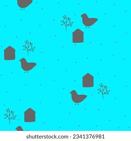Bird,house and tree silhouette seamless pattern,hand drawn garden print on blue background.Tender Botanical illustration for home decor, interior design, wallpaper, kids fashion, cover design